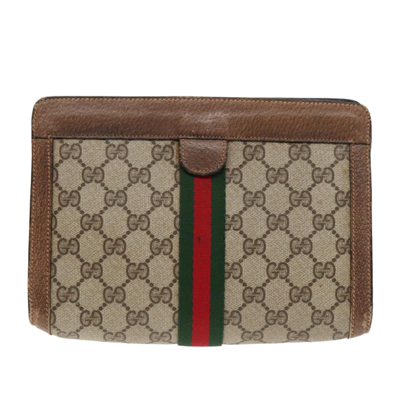GUCCI GG Canvas Web Sherry Line Clutch Bag PVC Leather Beige Green Auth 90836 - Picture 13 of 16